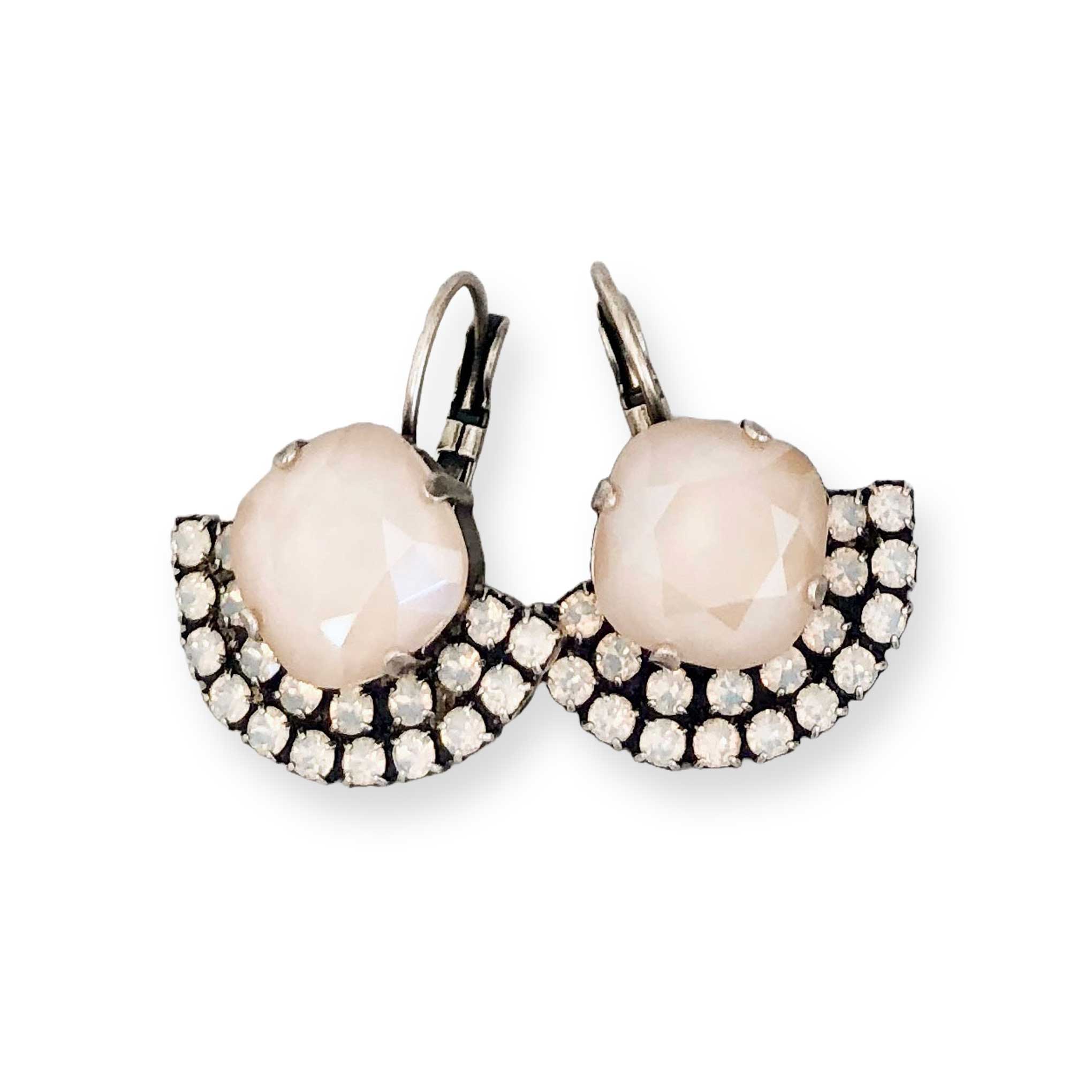 Ivory color and white opal crystal earrings in fan-shape. Great for brides and bridesmaids wanting something neutral or blush pink.