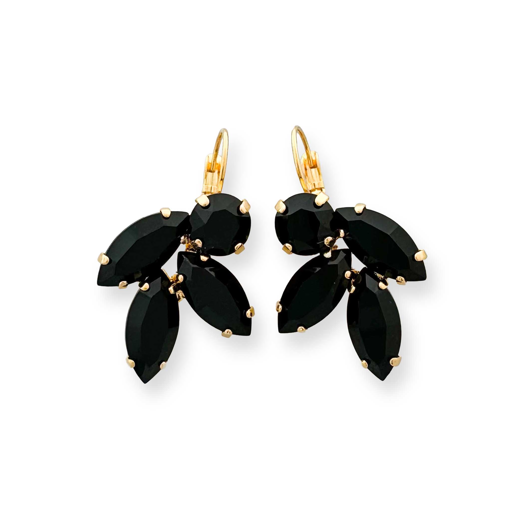 onyx color black and gold drop earrings with leaf motif shown in gold finish.