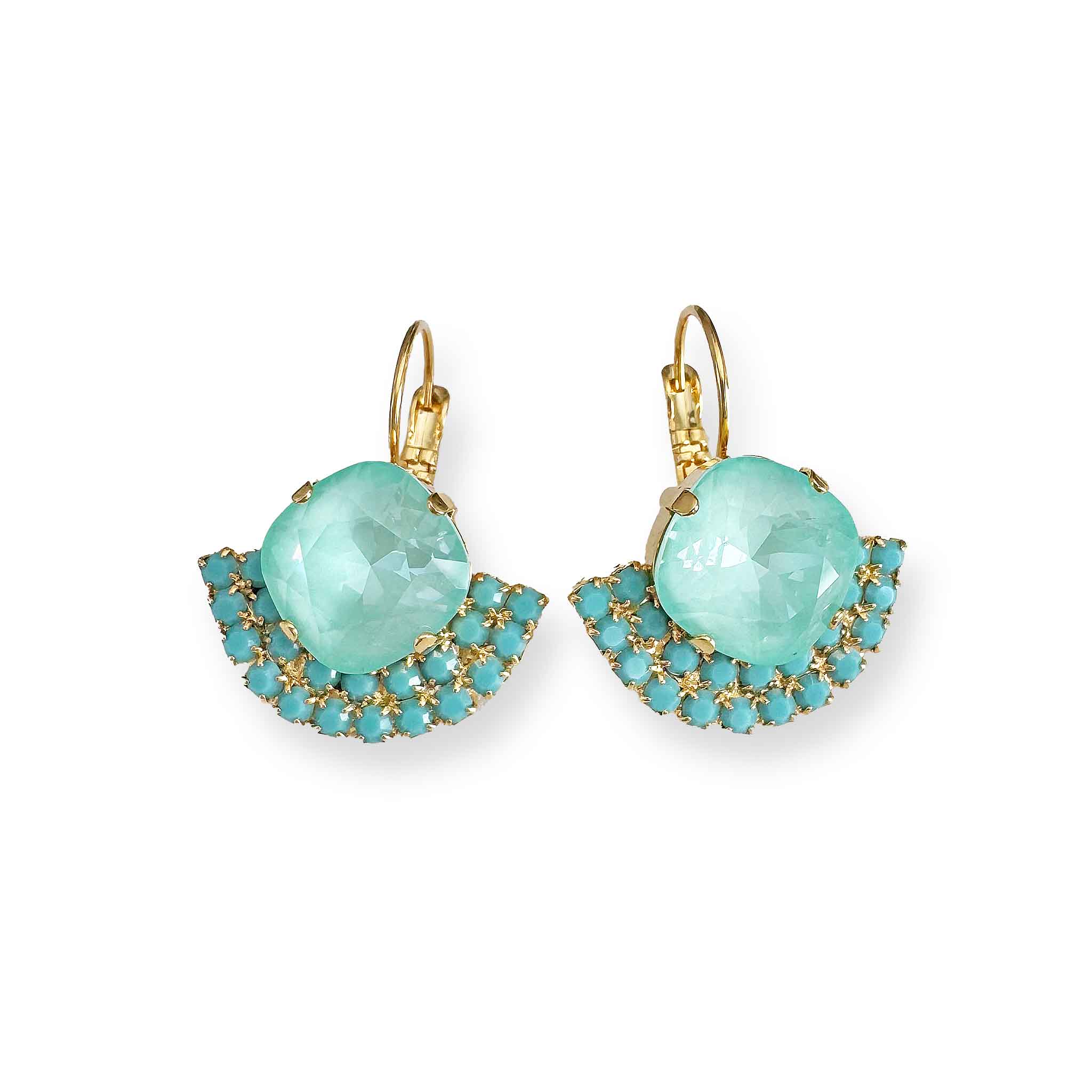 Front view of minty green crystal drop earrings by Petite Margaux i a fan shape with yellow gold accents.