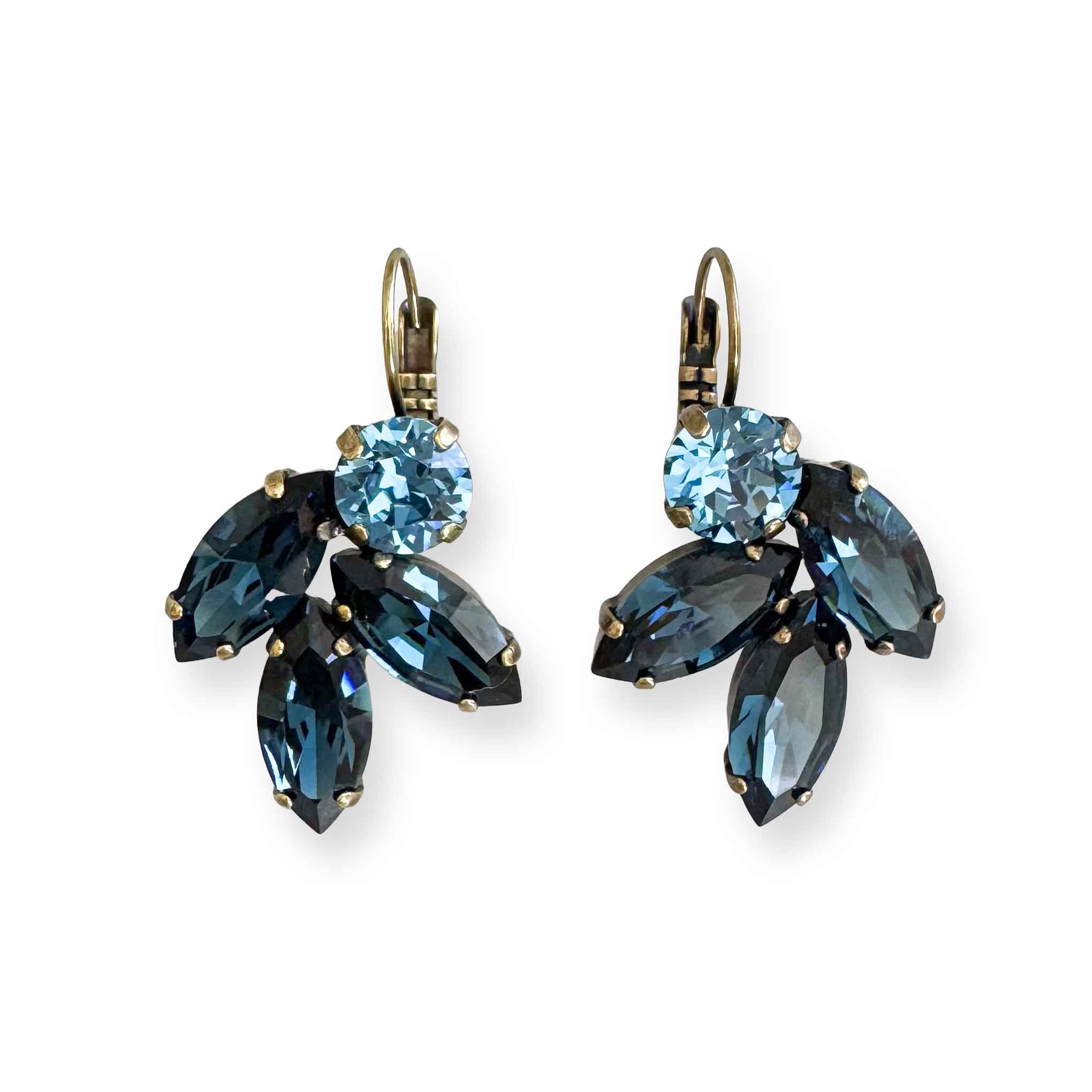 Navy blue crystal rhinestone earrings with antique brass finish.