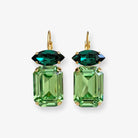 Dark and light green crystal drop earrings with emerald and marquise cut crystals shown in antique brass.