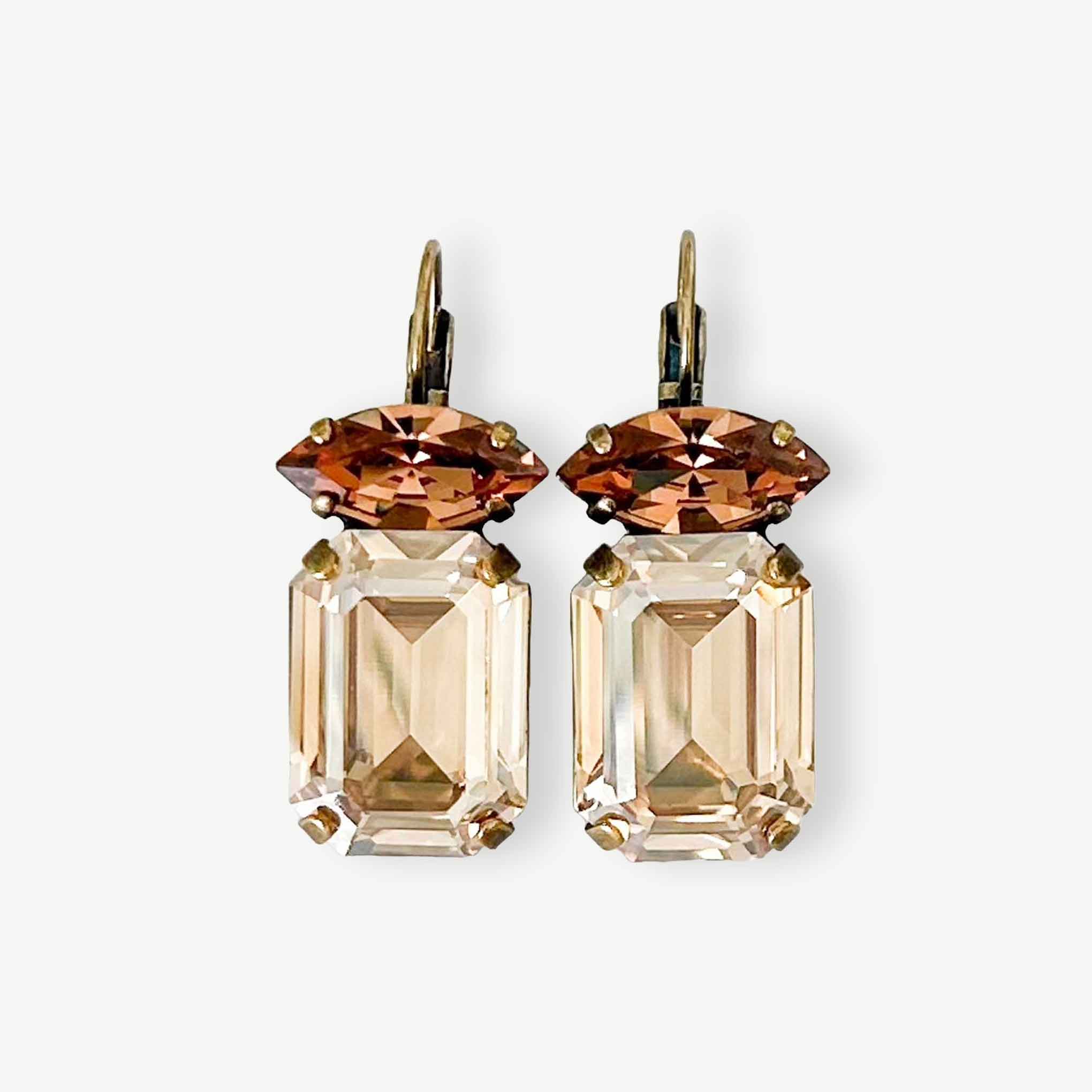 Brown Topaz Emerald Cut Drop Earrings. Crystal shapes are emerald cut with marquise cut. Shown in antique brass.