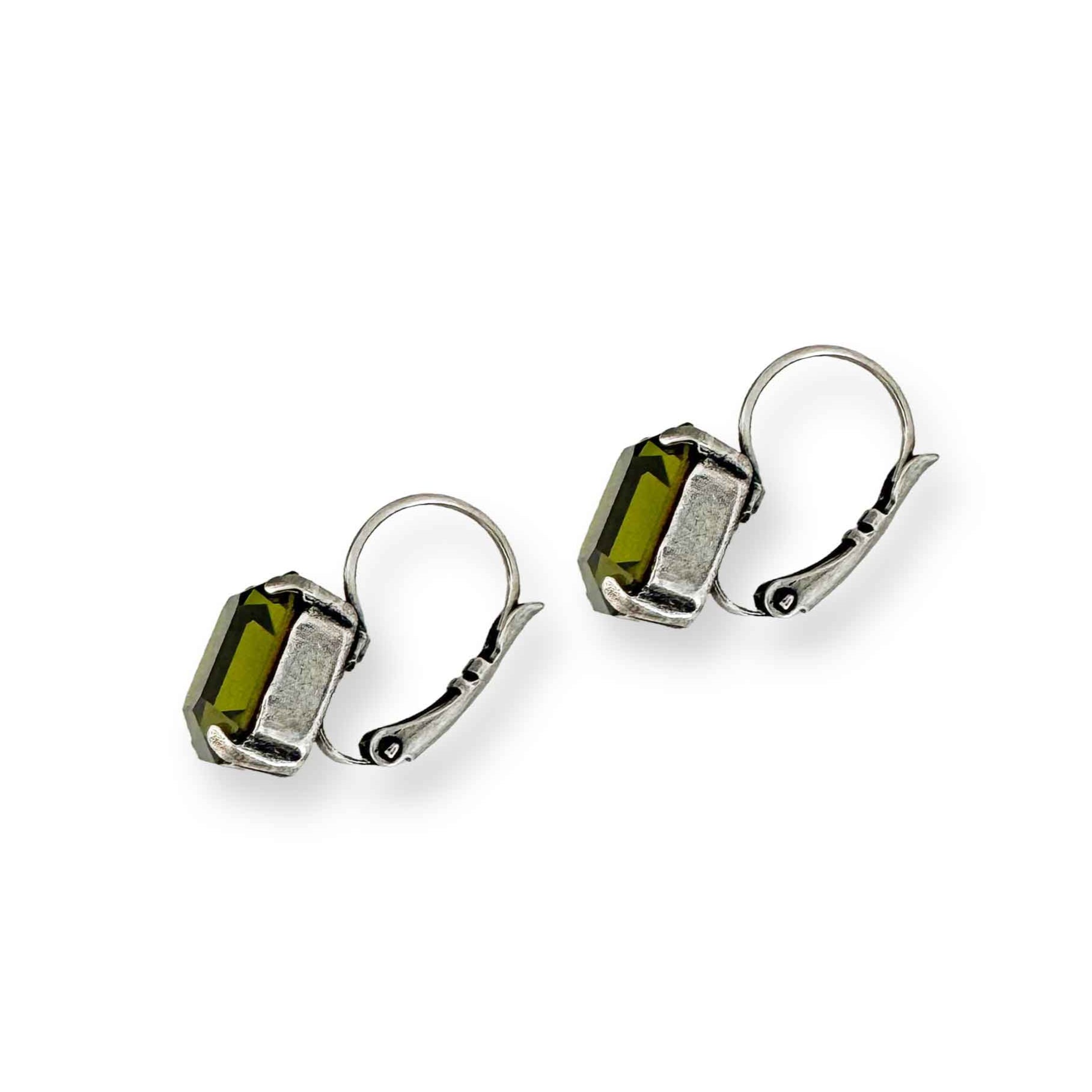 Side view of silver and olive green leverback emerald-cut earrings.