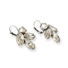 Side view clear rhinestone and pearl crystal earrings in a leaf motif. Shown in antique silver. Perfect for brides.