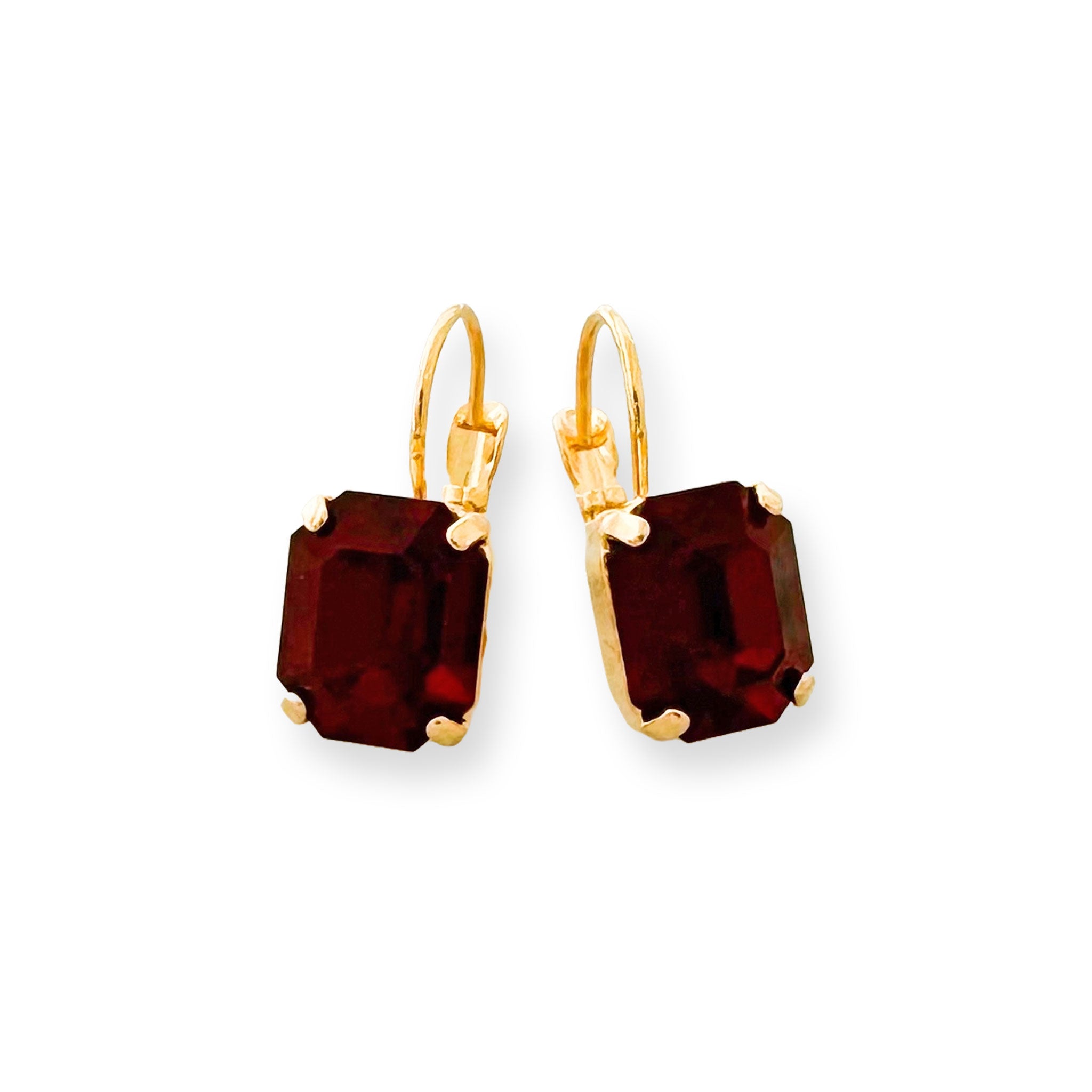 red and gold leverback drop style earrings.