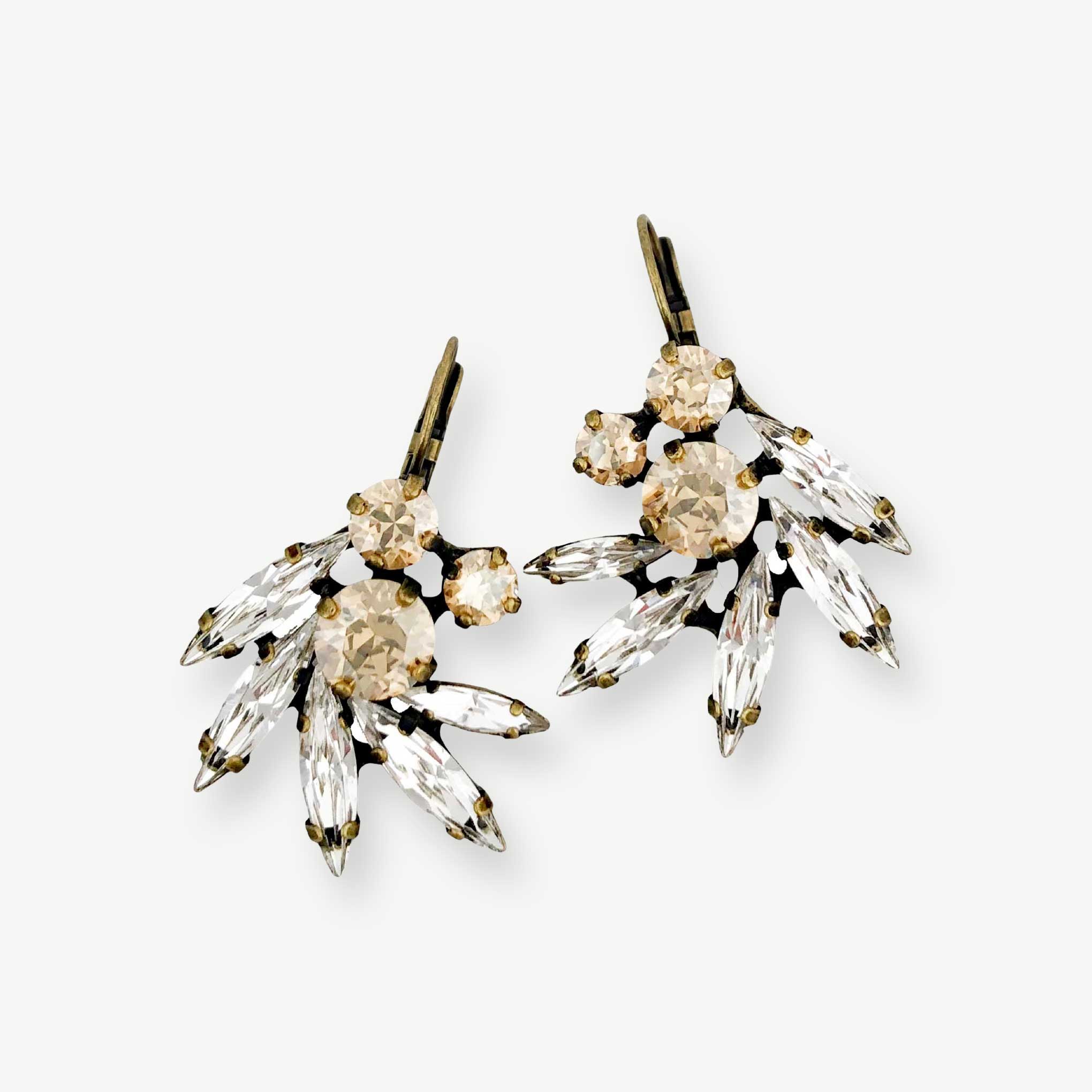 Fancy rhinestone party earrings with clear and gold Swarovski crystals.