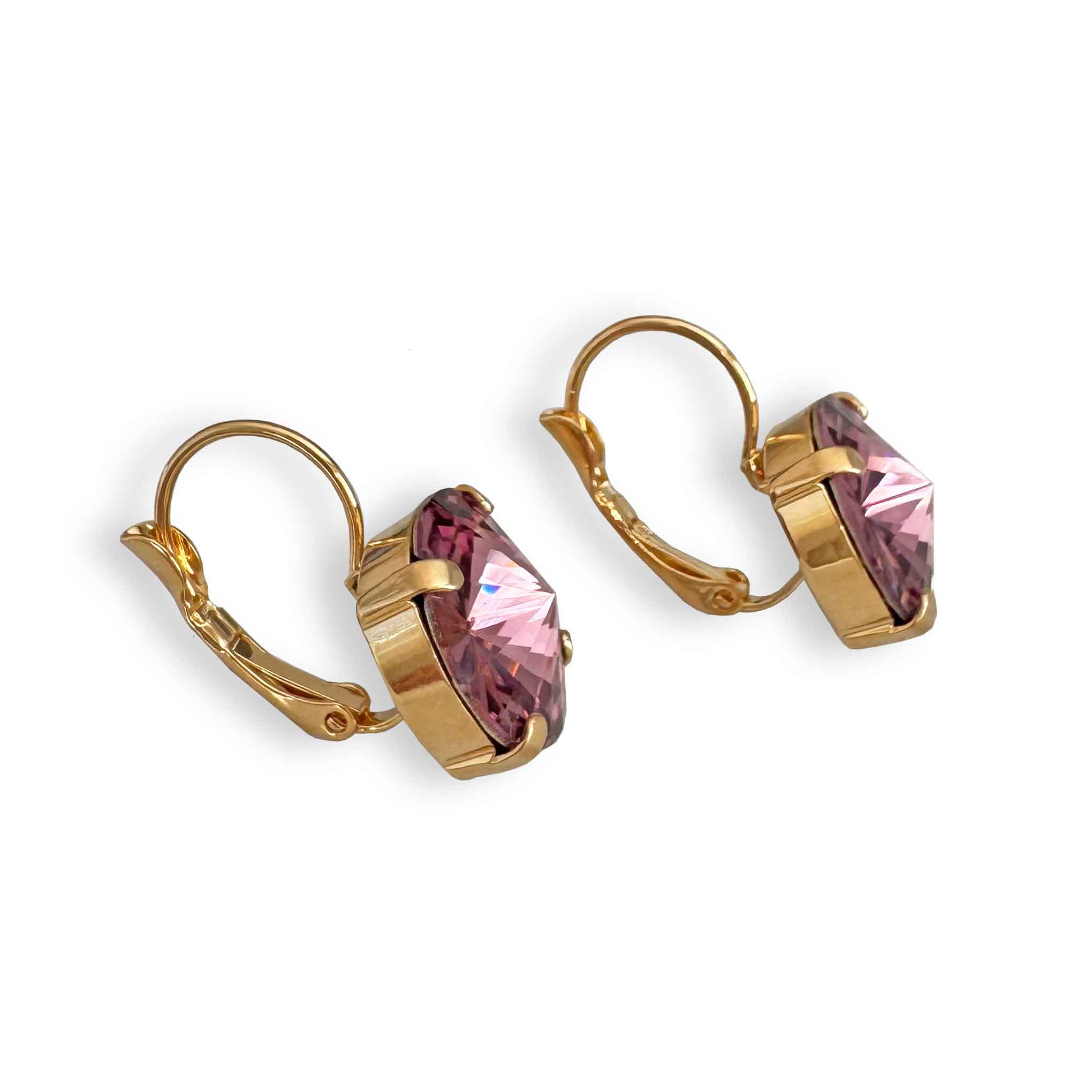 Side view of antique pink rivoli earrings by Petite Margaux.