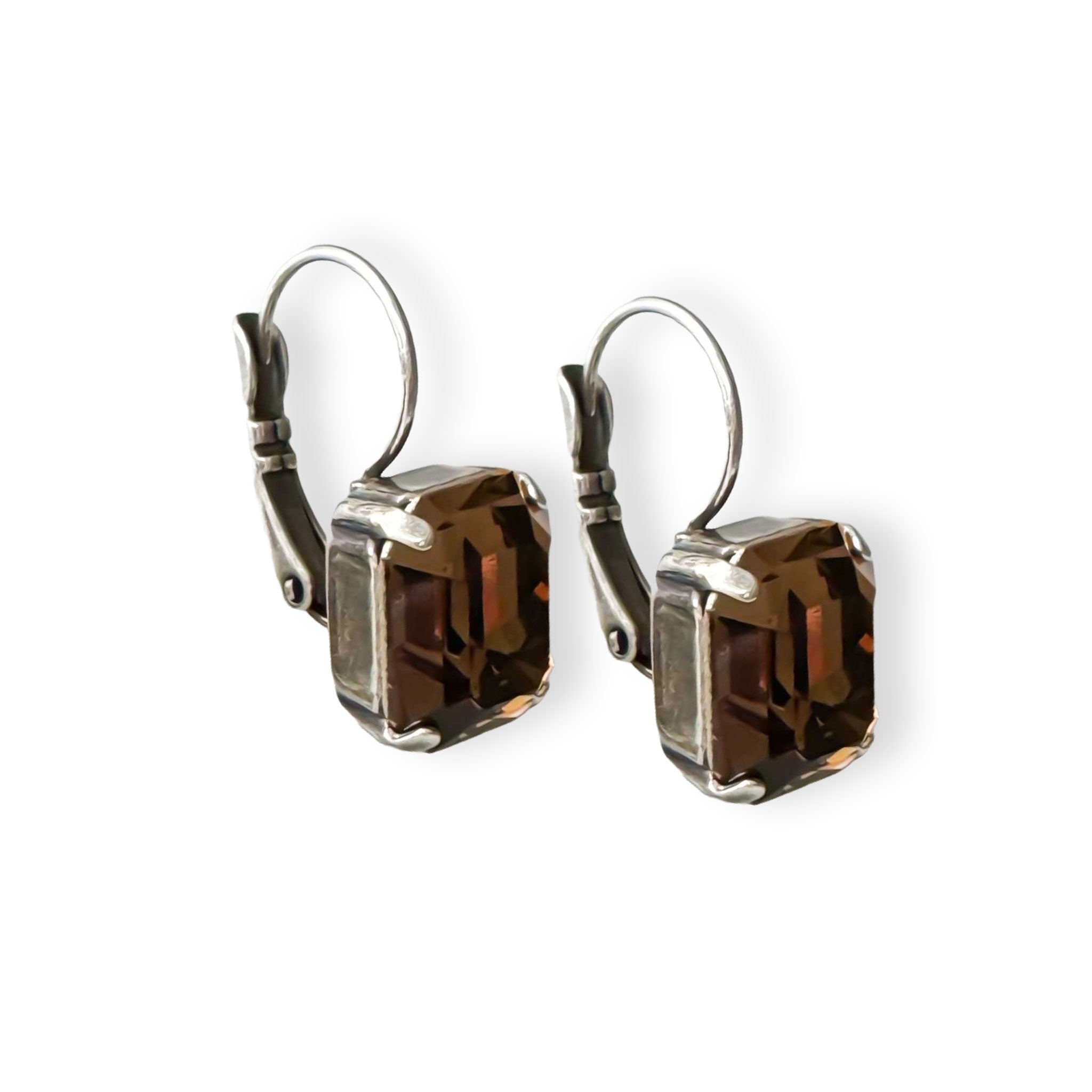 Emerald cut brown topaz crystal drop earrings in silver.