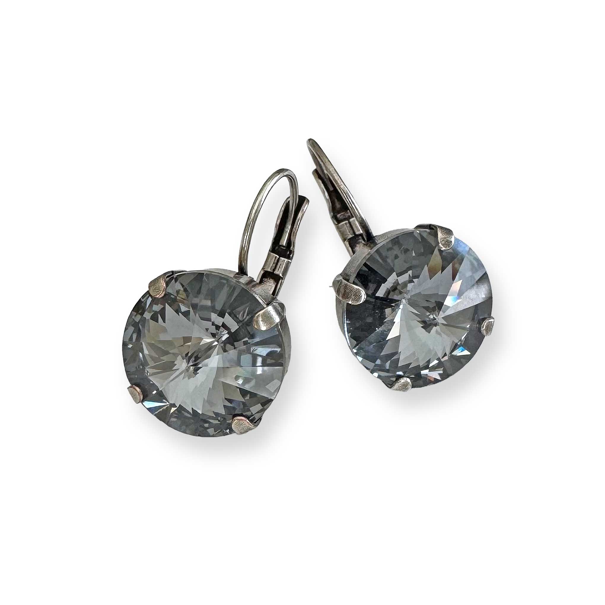 Round crystal drop earrings - rivoli cut, antique silver and black-gray crystal.
