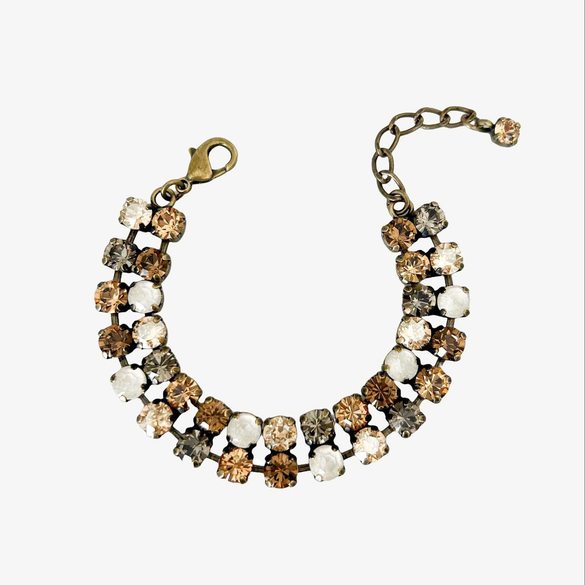 Neutral mix bracelet of crystals, double row., antique brass.