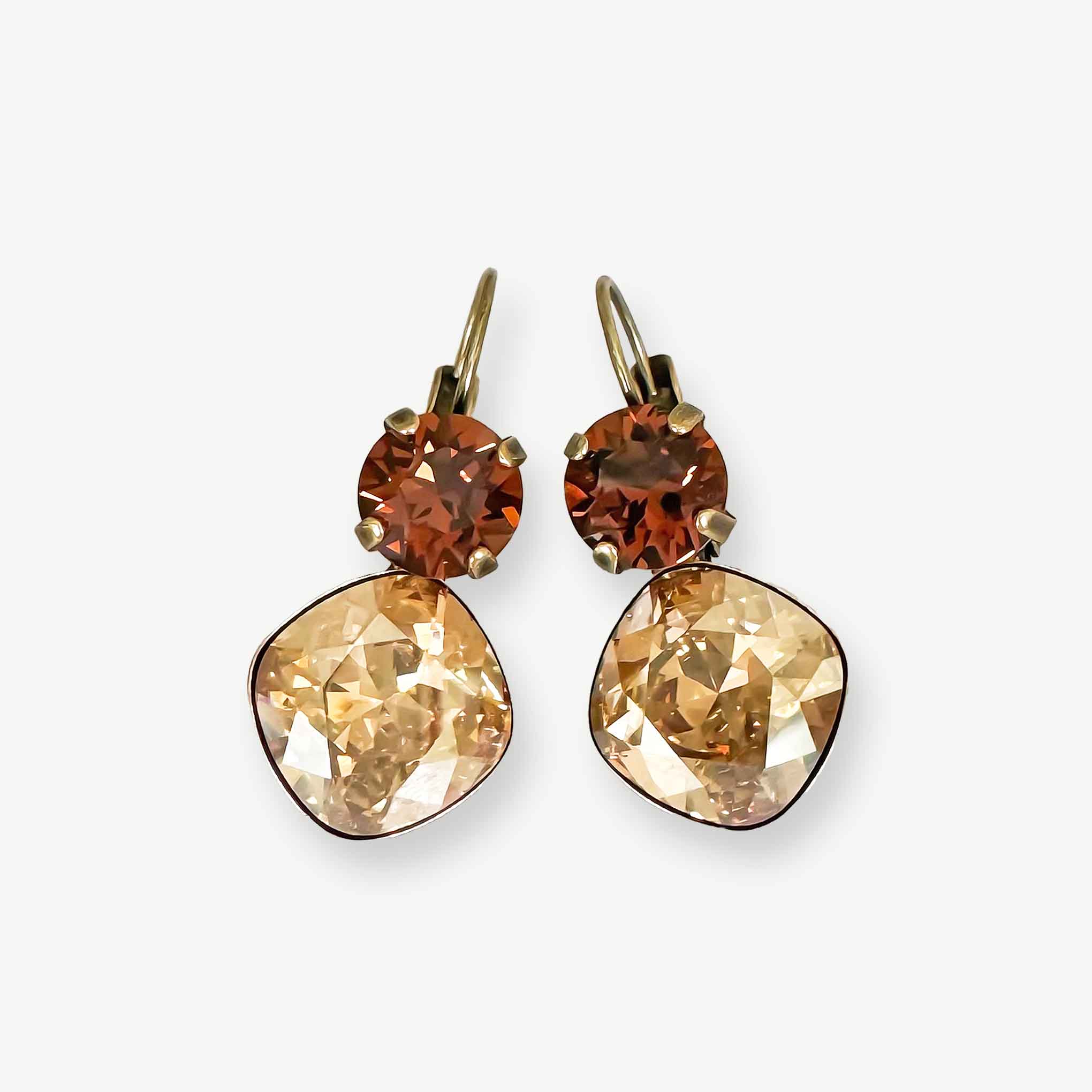 Crystal drop earrings with brown topaz and golden shadow crystal rhinestones.