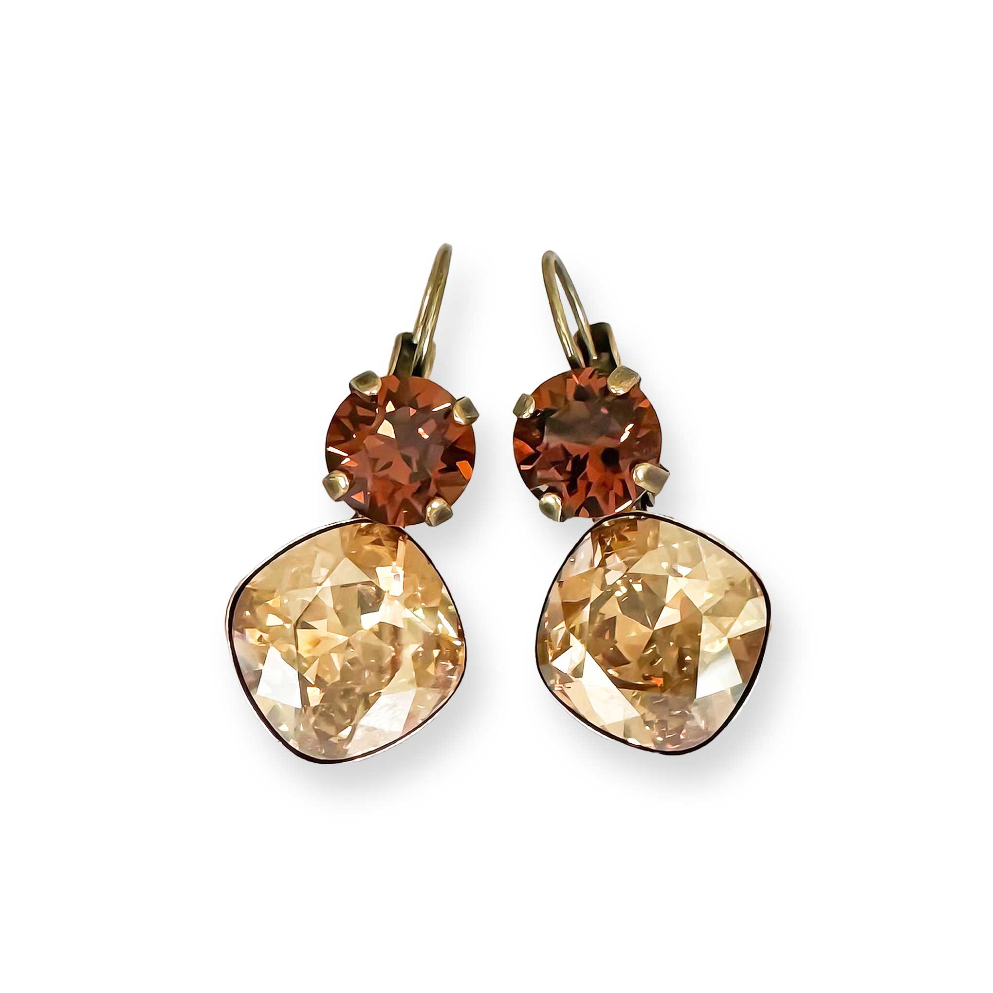 Brown and gold drop earrings with brown and yellow topaz color European cut crystal. Shown in antique brass.