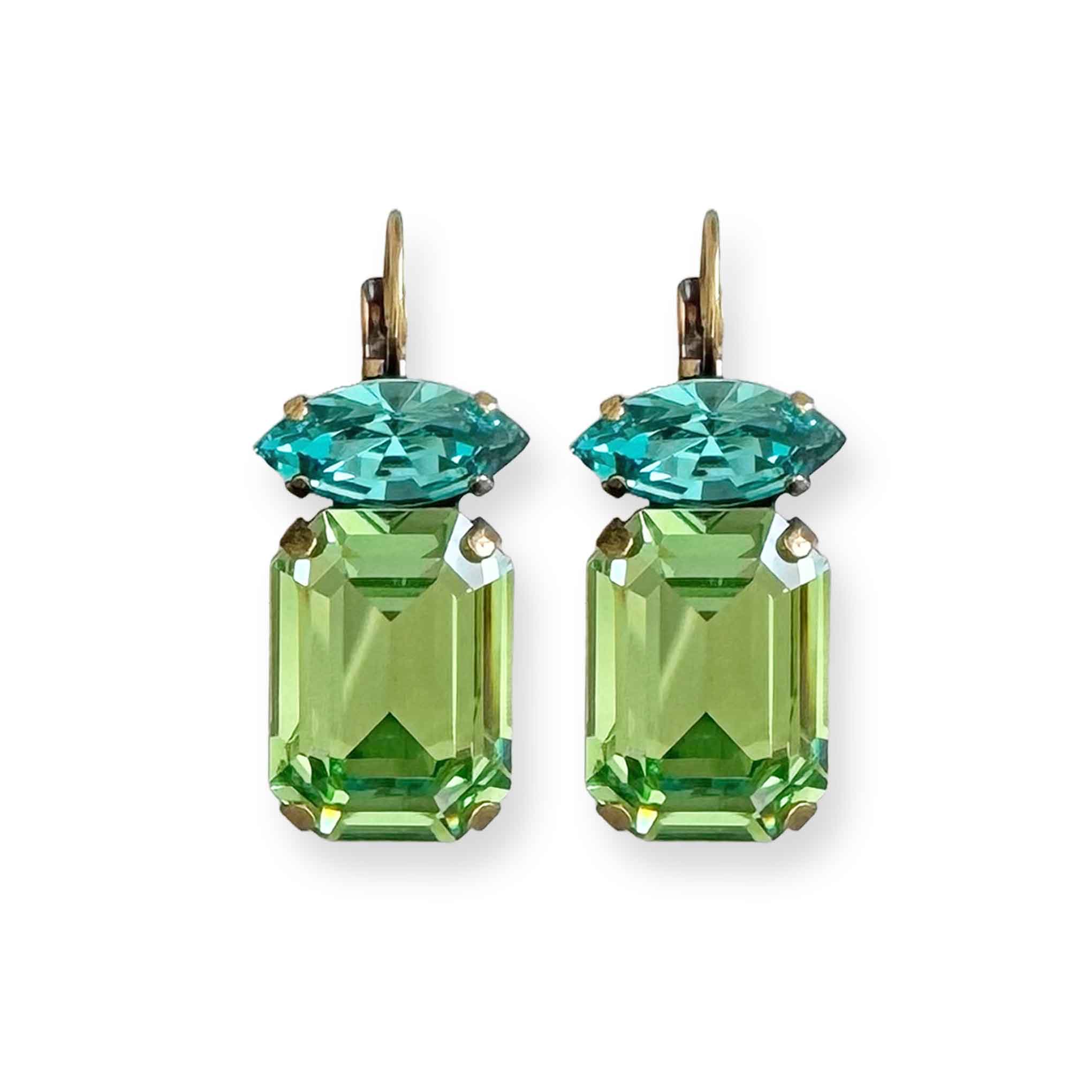 front view of aqua blue and peridot green crystal statement earrings.