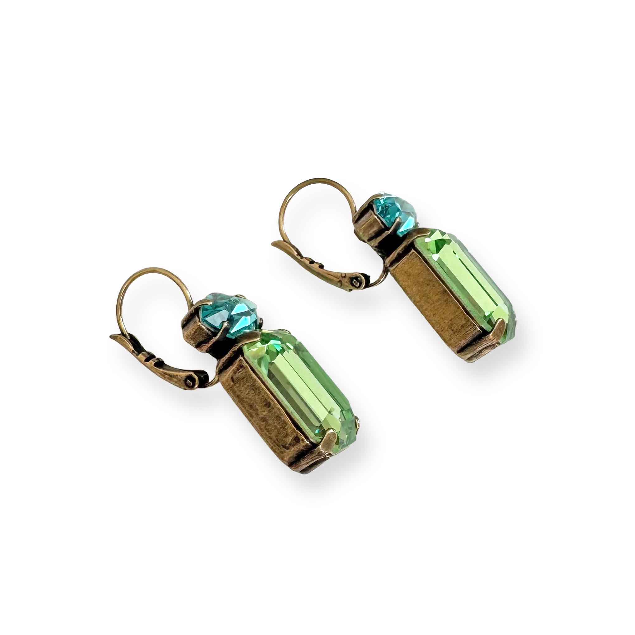 side view of aqua and turquoise earrings.