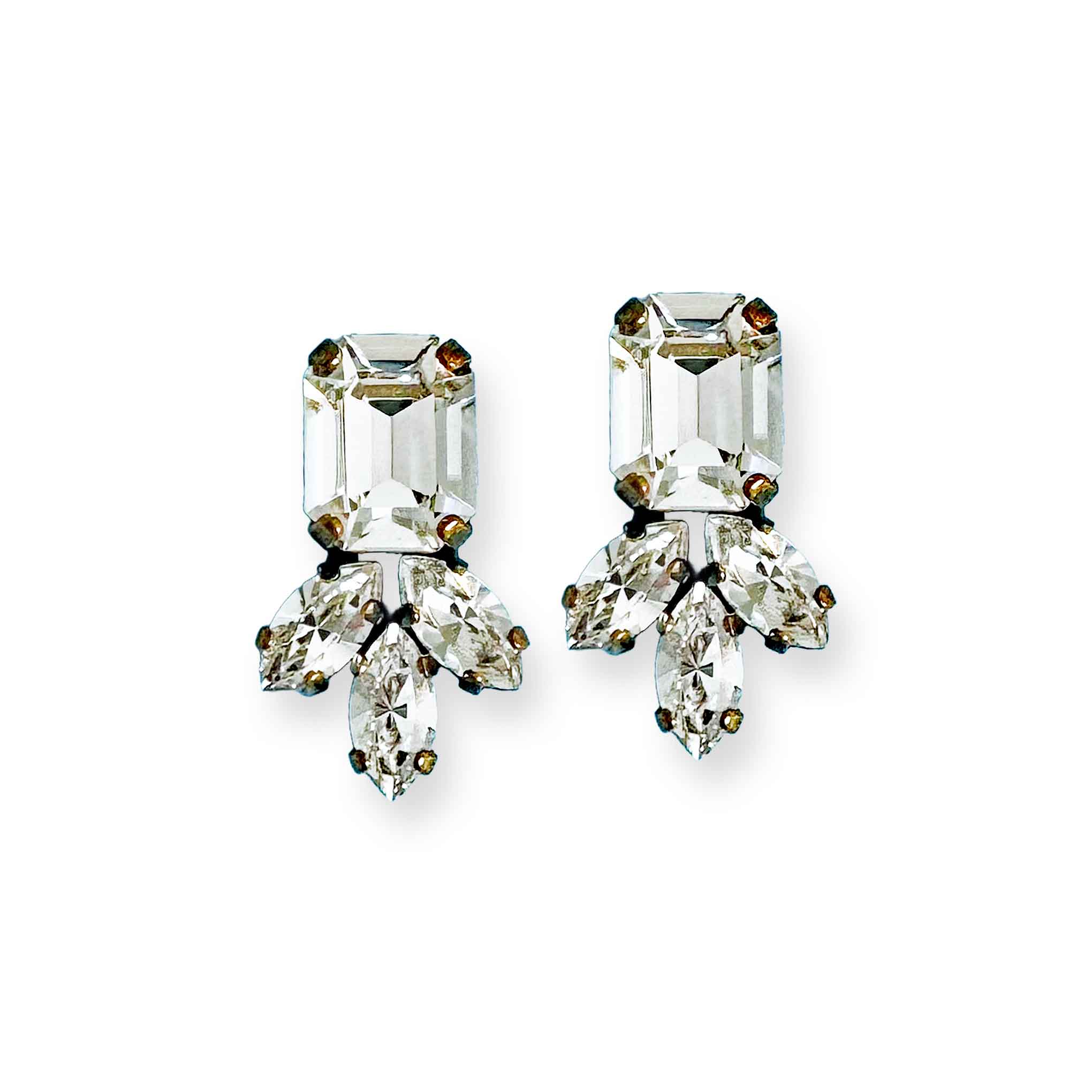 Clear crystal stud statement earrings shown in antique brass.
