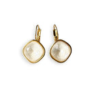 White drop earrings shown in gold. Cushion cut.