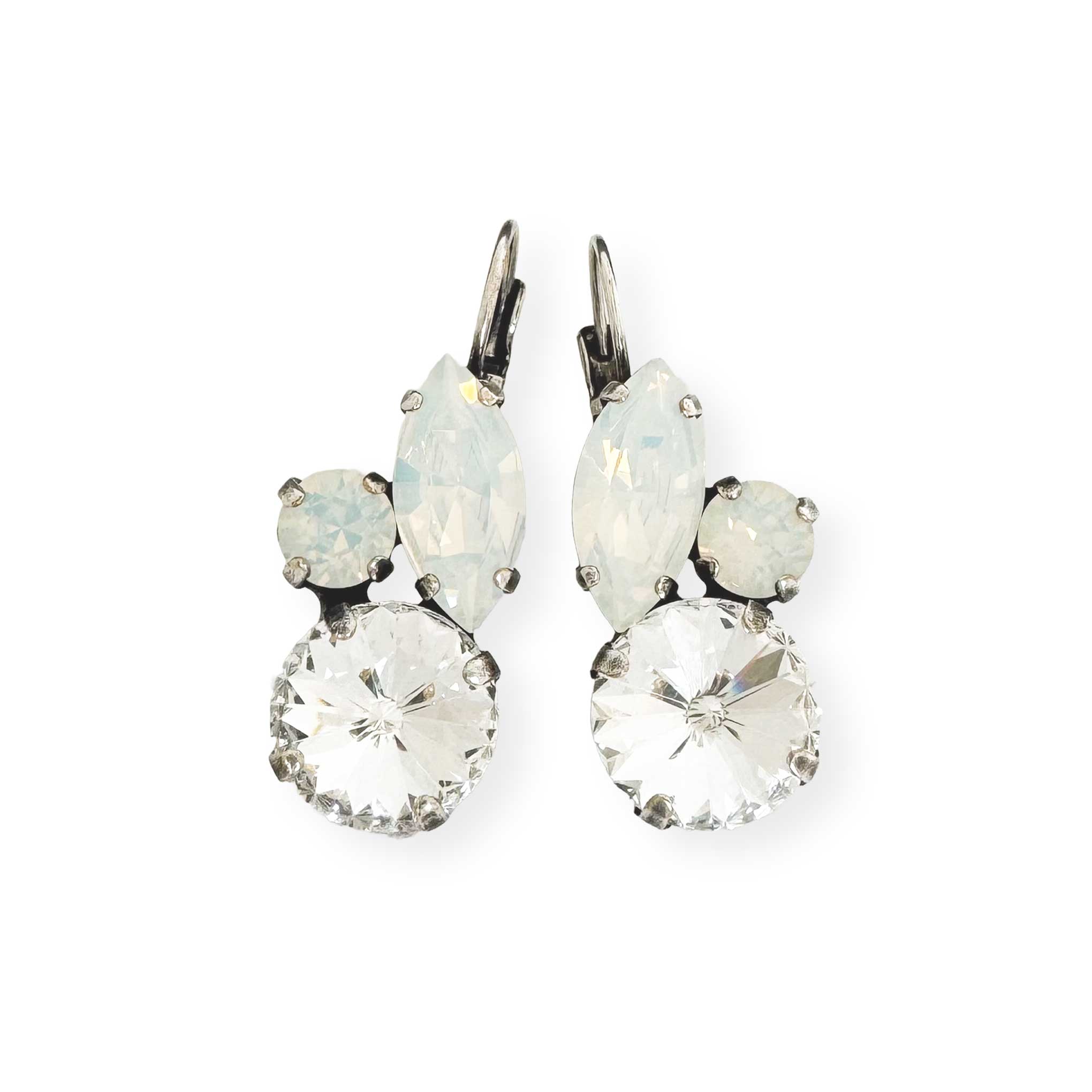 Clear and white crystal drop earrings shown in antique silver finish.