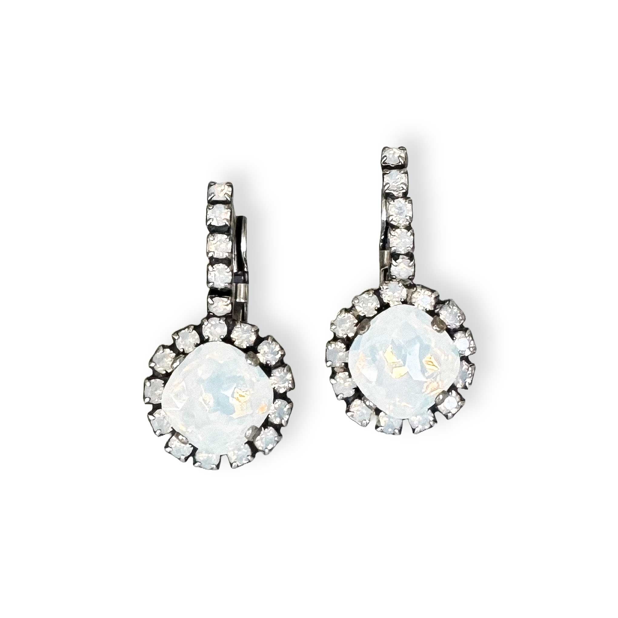 White opal Austrian crystal drop earrings. Perfect small earrings for vintage-style brides.