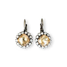 Small champagne color Austrian crystal drop earrings in silver. The earrings have a halo of small white opal crystals.